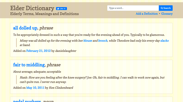 Screenshot of elderdictionary.com homepage